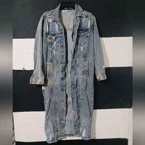 Highway Women Denim Blue Ripped Long Jacket-coat